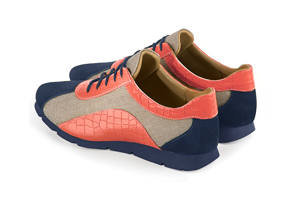 Navy blue and coral orange women's three-tone elegant sneakers. Round toe. Flat rubber soles. Rear view - Florence KOOIJMAN
